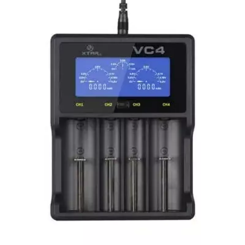 Carregador XTAR VC4SL para células Li-Ion, Ni-MH, Ni-Cd – 4 baías, alimentação DC, compatível com 18650 e outras pilhas cilíndricas, preto
