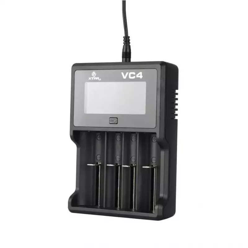 Carregador XTAR VC4SL para células Li-Ion, Ni-MH, Ni-Cd – 4 baías, alimentação DC, compatível com 18650 e outras pilhas cilíndricas, preto