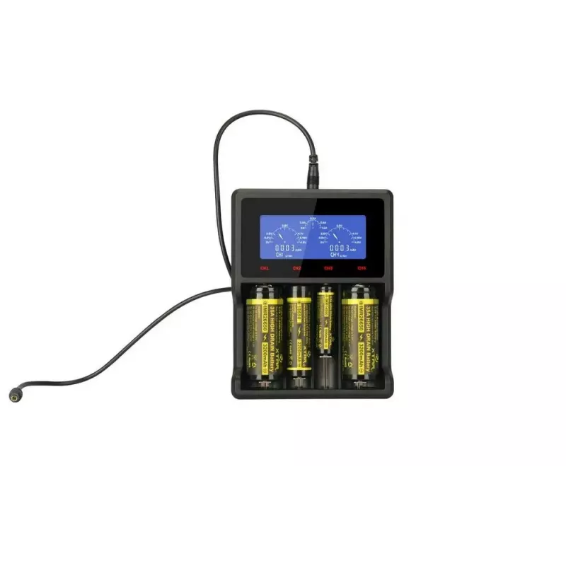 Carregador XTAR VC4SL para células Li-Ion, Ni-MH, Ni-Cd – 4 baías, alimentação DC, compatível com 18650 e outras pilhas cilíndricas, preto