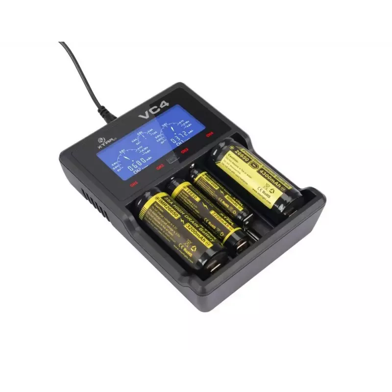 Carregador XTAR VC4SL para células Li-Ion, Ni-MH, Ni-Cd – 4 baías, alimentação DC, compatível com 18650 e outras pilhas cilíndricas, preto