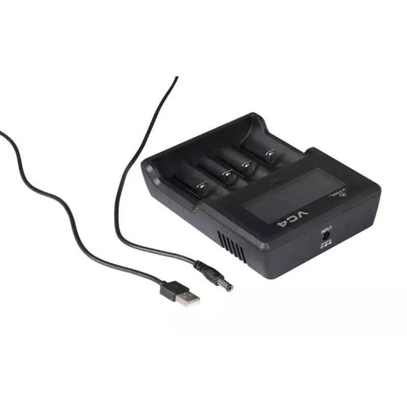 Carregador XTAR VC4SL para células Li-Ion, Ni-MH, Ni-Cd – 4 baías, alimentação DC, compatível com 18650 e outras pilhas cilíndricas, preto