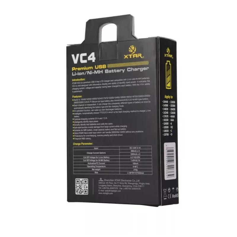 Carregador XTAR VC4SL para células Li-Ion, Ni-MH, Ni-Cd – 4 baías, alimentação DC, compatível com 18650 e outras pilhas cilíndricas, preto