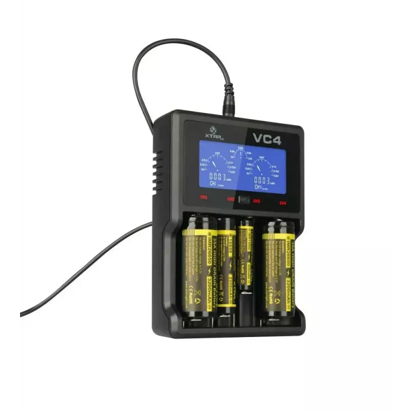 Carregador XTAR VC4SL para células Li-Ion, Ni-MH, Ni-Cd – 4 baías, alimentação DC, compatível com 18650 e outras pilhas cilíndricas, preto