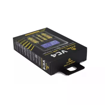 Carregador XTAR VC4SL para células Li-Ion, Ni-MH, Ni-Cd – 4 baías, alimentação DC, compatível com 18650 e outras pilhas cilíndricas, preto