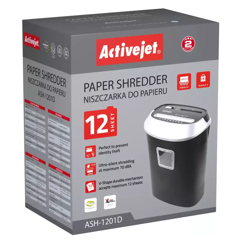 Activejet ASH-1201D destruidora de papel, P-3, 12 folhas, 25 l, fragmentos de 5x38 mm, preto/prateado