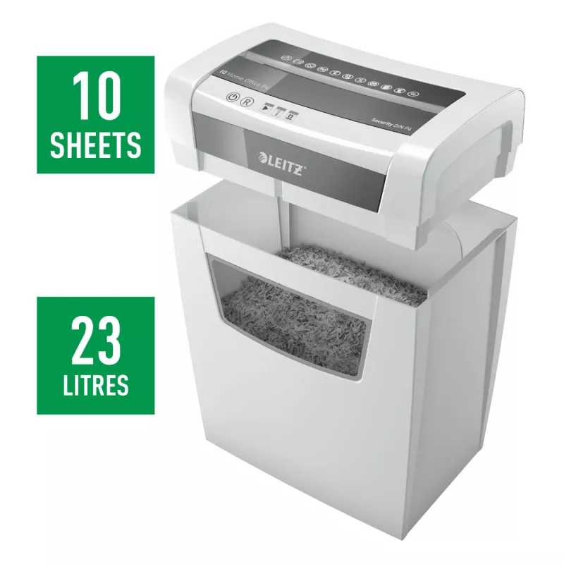Leitz IQ Home Office P4 destruidora de papel, corte em partículas, 22 cm, 4 x 28 mm, 10 folhas, 23 l, branco