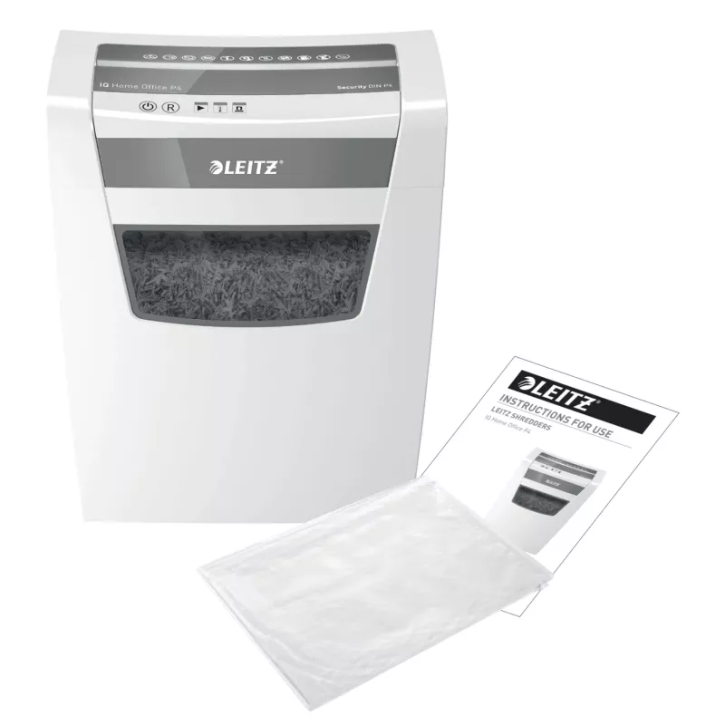 Leitz IQ Home Office P4 destruidora de papel, corte em partículas, 22 cm, 4 x 28 mm, 10 folhas, 23 l, branco