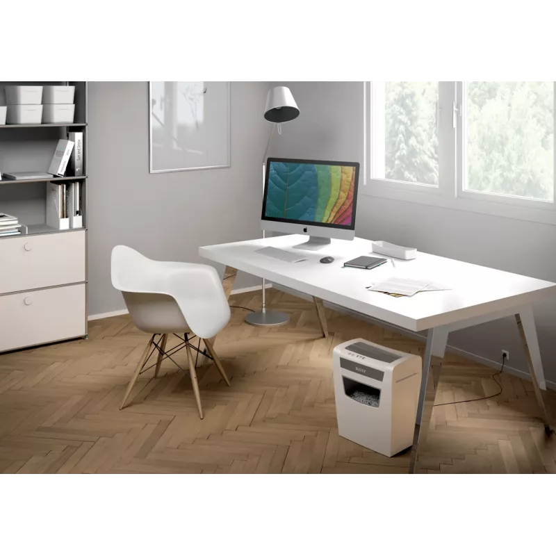 Leitz IQ Home Office P4 destruidora de papel, corte em partículas, 22 cm, 4 x 28 mm, 10 folhas, 23 l, branco