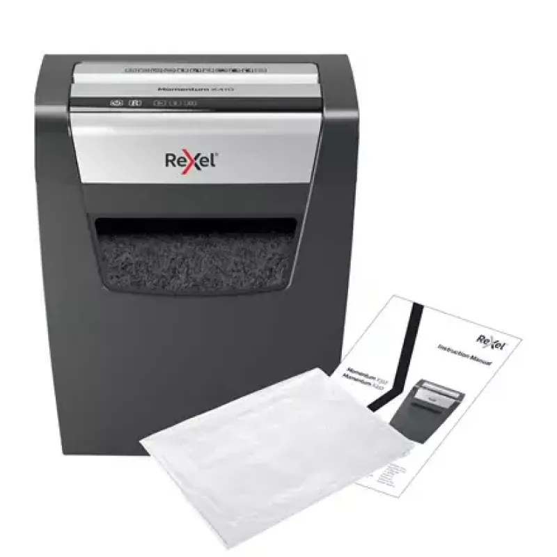 Destruidora de documentos REXEL Momentum X410 — corte em partículas P-4, 4 x 28 mm, capacidade 10 folhas, cesto 23 litros, proteção anti-encravamento