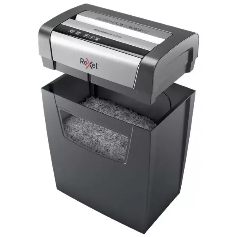 Destruidora de documentos REXEL Momentum X410 — corte em partículas P-4, 4 x 28 mm, capacidade 10 folhas, cesto 23 litros, proteção anti-encravamento