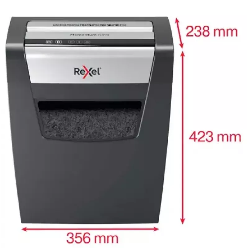 Destruidora de documentos REXEL Momentum X410 — corte em partículas P-4, 4 x 28 mm, capacidade 10 folhas, cesto 23 litros, proteção anti-encravamento