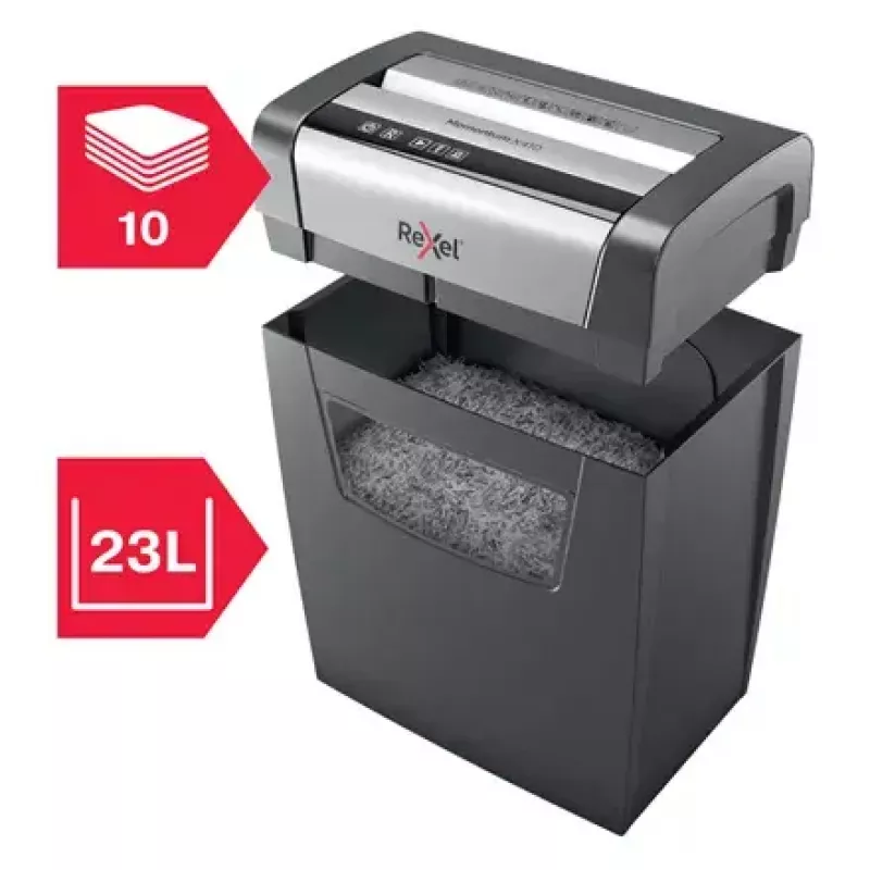 Destruidora de documentos REXEL Momentum X410 — corte em partículas P-4, 4 x 28 mm, capacidade 10 folhas, cesto 23 litros, proteção anti-encravamento