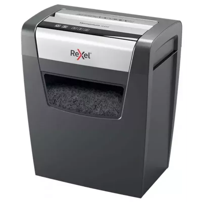 Destruidora de documentos REXEL Momentum X410 — corte em partículas P-4, 4 x 28 mm, capacidade 10 folhas, cesto 23 litros, proteção anti-encravamento