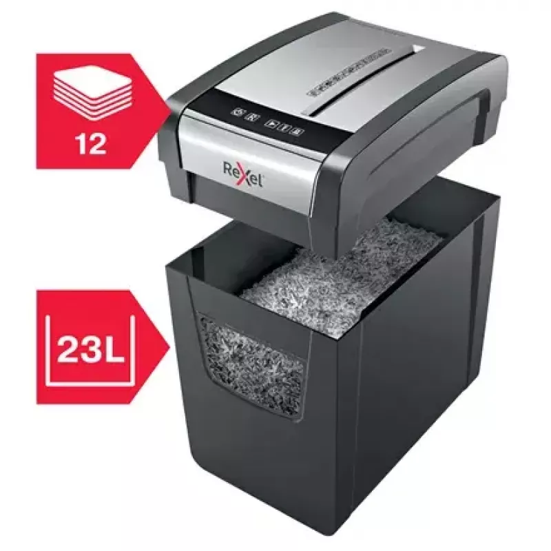 Destruidora de documentos REXEL Momentum X312-SL – corte em partículas 5 x 42 mm, capacidade 12 folhas, cesto 23 L, controlo por botões