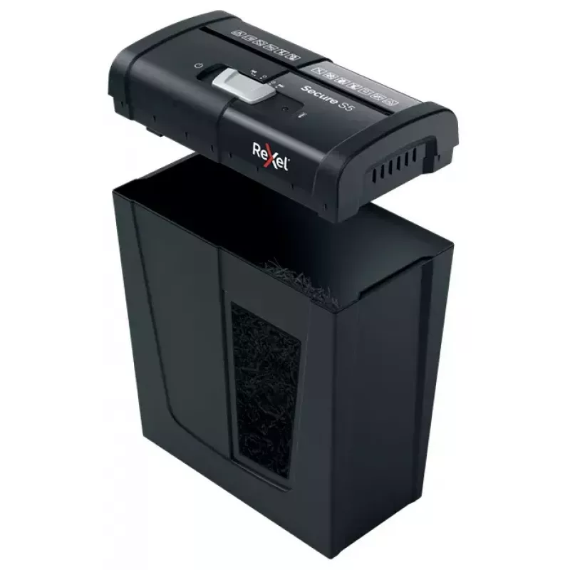Destruidora de documentos REXEL Secure S5 — corte em tiras, capacidade 5 folhas, corte 6 mm, recipiente 10 L, segurança P-2, preto