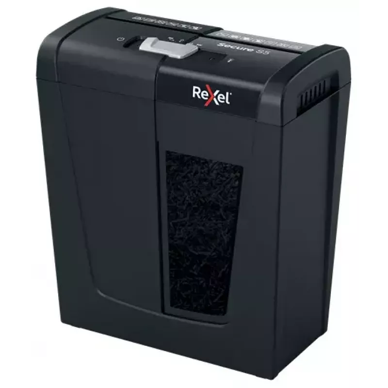 Destruidora de documentos REXEL Secure S5 — corte em tiras, capacidade 5 folhas, corte 6 mm, recipiente 10 L, segurança P-2, preto