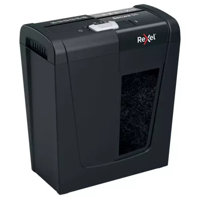 Destruidora de documentos REXEL Secure S5 — corte em tiras, capacidade 5 folhas, corte 6 mm, recipiente 10 L, segurança P-2, preto