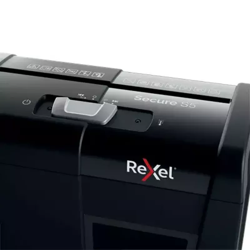Destruidora de documentos REXEL Secure S5 — corte em tiras, capacidade 5 folhas, corte 6 mm, recipiente 10 L, segurança P-2, preto