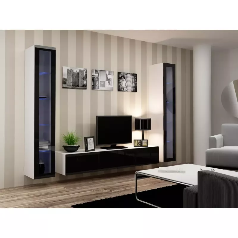 Vitrina Cama Meble VIGO 180 montagem na parede vitrina de vidro 1800×400×300 mm branco/preto brilhante
