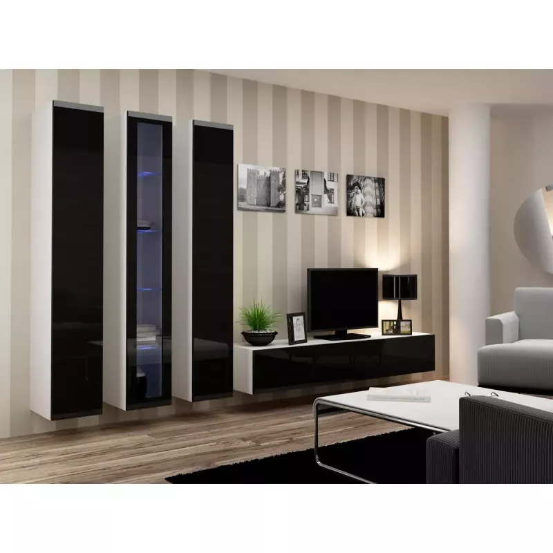 Vitrina Cama Meble VIGO 180 montagem na parede vitrina de vidro 1800×400×300 mm branco/preto brilhante