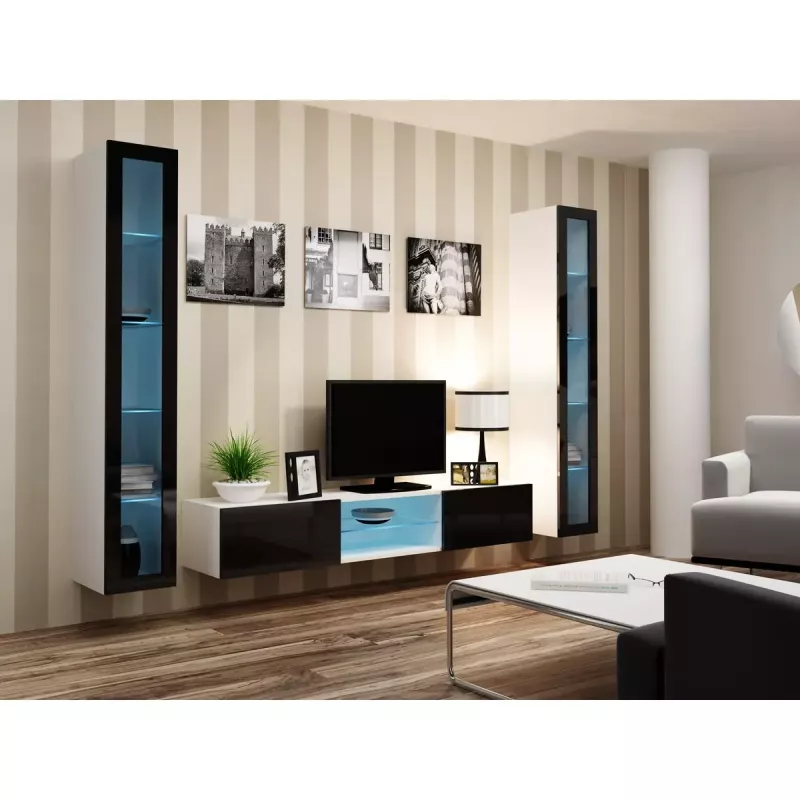 Vitrina Cama Meble VIGO 180 montagem na parede vitrina de vidro 1800×400×300 mm branco/preto brilhante