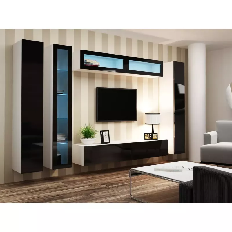 Vitrina Cama Meble VIGO 180 montagem na parede vitrina de vidro 1800×400×300 mm branco/preto brilhante