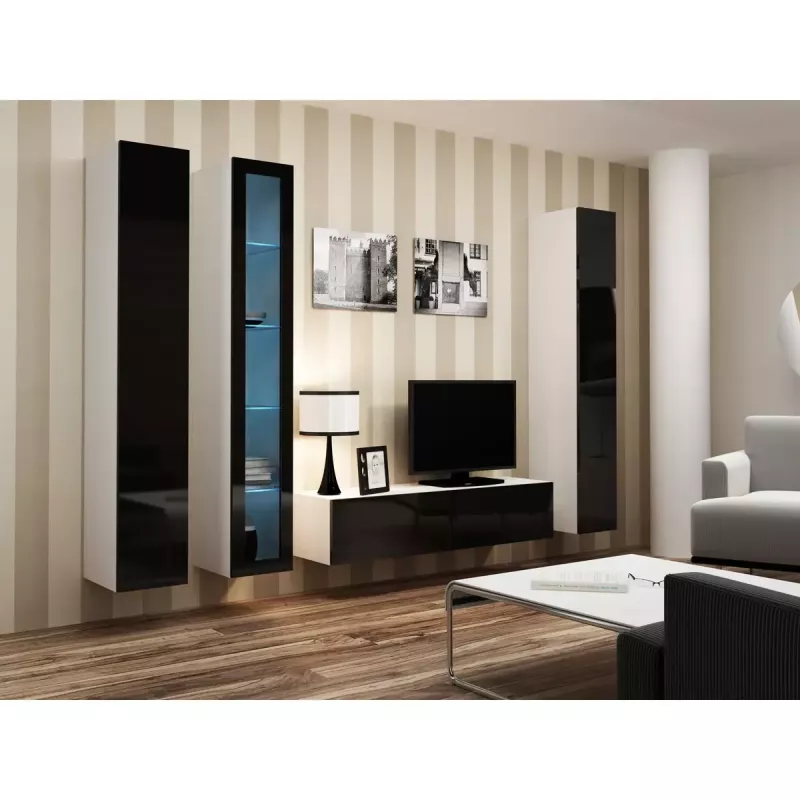 Vitrina Cama Meble VIGO 180 montagem na parede vitrina de vidro 1800×400×300 mm branco/preto brilhante