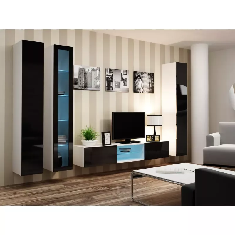Vitrina Cama Meble VIGO 180 montagem na parede vitrina de vidro 1800×400×300 mm branco/preto brilhante