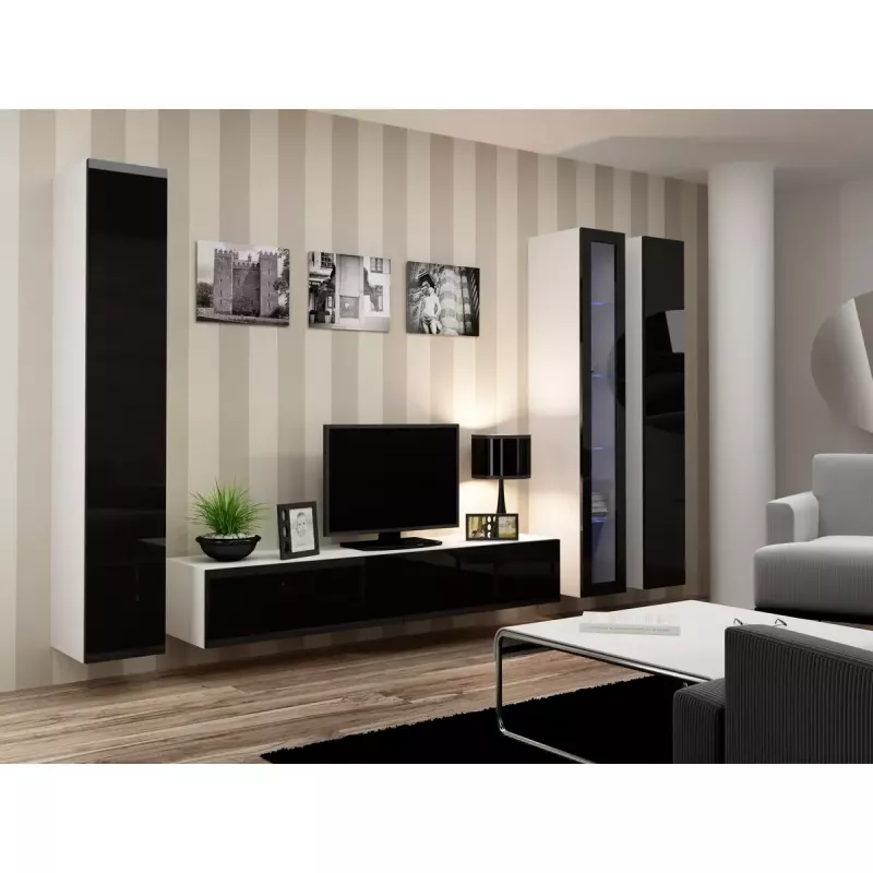 Vitrina Cama Meble VIGO 180 montagem na parede vitrina de vidro 1800×400×300 mm branco/preto brilhante