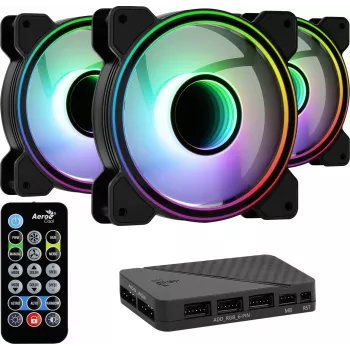 Kit Aerocool MIRAGE12PRO 3 ventoinhas para PC 12 cm ARGB 6 pinos hub silencioso preto