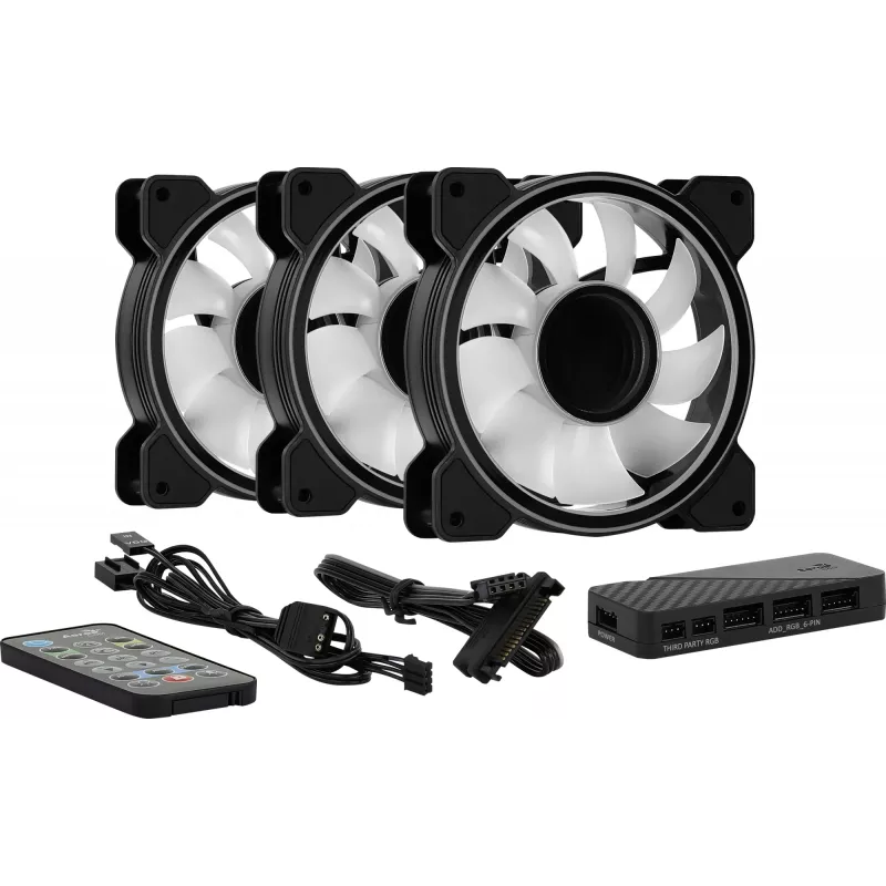 Kit Aerocool MIRAGE12PRO 3 ventoinhas para PC 12 cm ARGB 6 pinos hub silencioso preto