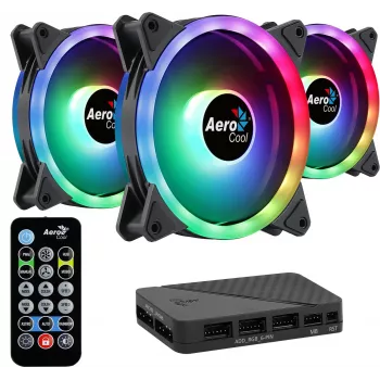 Kit Aerocool DUO12PRO 3 ventoinhas 12 cm ARGB LED anel duplo antivibração 6 pinos, preto