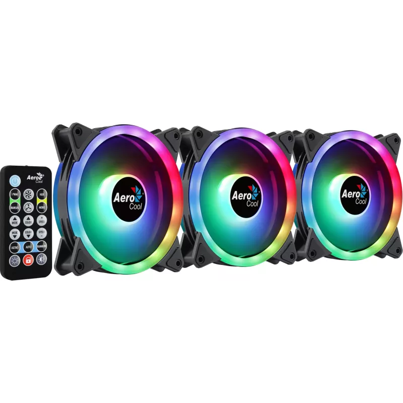 Kit Aerocool DUO12PRO 3 ventoinhas 12 cm ARGB LED anel duplo antivibração 6 pinos, preto