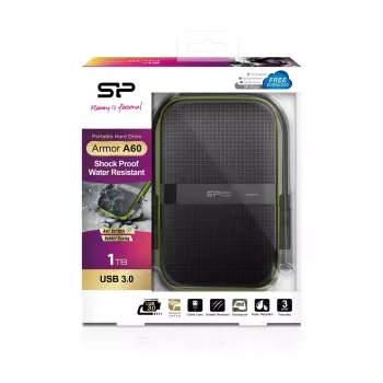 Disco externo Silicon Power Armor A60 1 TB 2,5 polegadas USB 3.2 Gen 1, resistente a choques, AES-256, preto