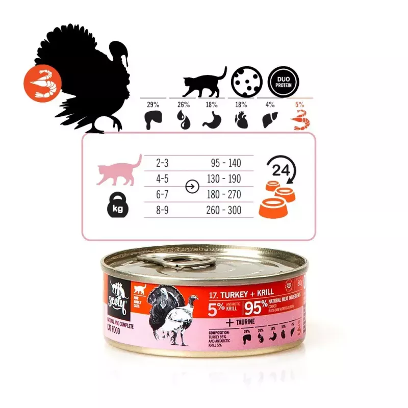 3Coty comida húmida para gatos adultos com peru e krill, 80 g