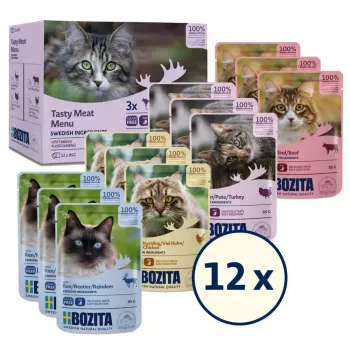 Comida húmida para gatos BOZITA 85 g saco — vaca, frango, veado, peru, sem cereais, gatos adultos, embalagem 12×85 g