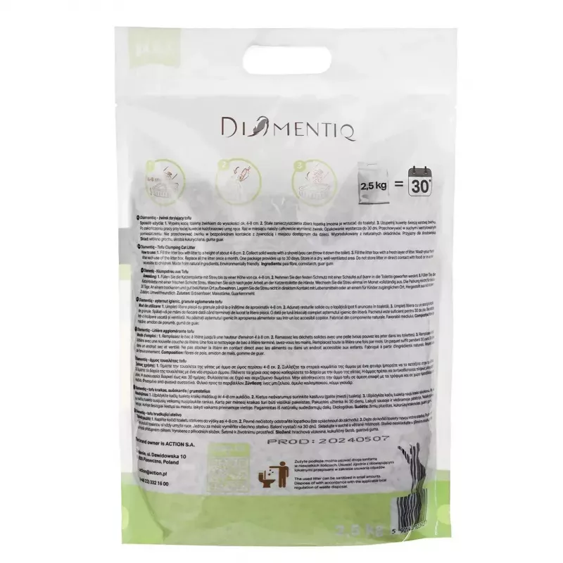 Areia para gatos de tofu aglomerante DIAMENTIQ Matcha Ultra, fibra de ervilha, sem pó, 2,5 kg