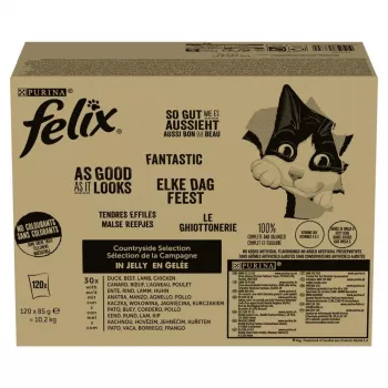 Alimento húmido Purina Nestlé PURINA Felix Countryside Selection multipack 120×85 g saquetas, gatos adultos, variedades mistas, sem glúten