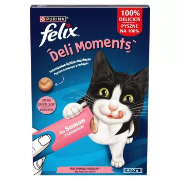 Snack húmido para gatos Purina Felix Deli Moments pasta de salmão 4 x 10 g tubo