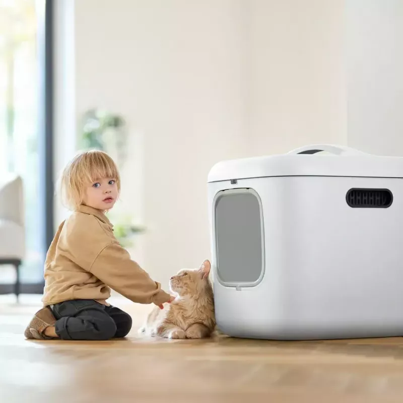 Caixa de areia para gatos rotho Biala XL — caixa de areia grande em plástico, branco, 499×614×576 mm, filtro de carvão, orifício de suspensão