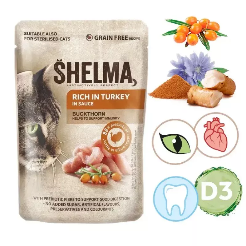 Alimento húmido para gatos SHELMA rico em peru em molho 85 g — adulto, sem glúten, adequado em caso de alergias alimentares