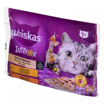 Alimento húmido para gatos Whiskas 85 g saco, gatos adultos, 4 x 85 g, sabor frango/borrego