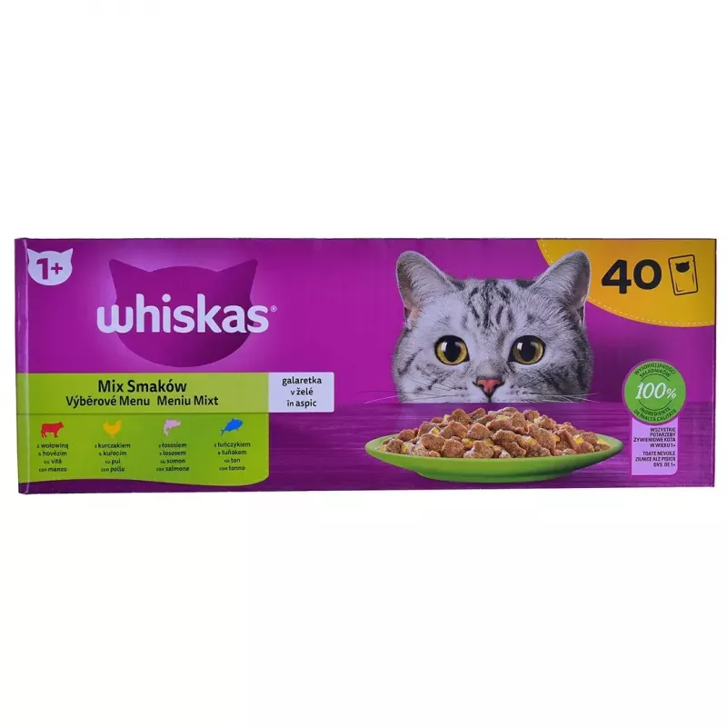 Alimento húmido para gatos Whiskas Mix Favourites em geleia, 40 x 85 g latas, sabor atum, gatos adultos