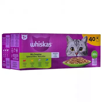 Alimento húmido para gatos Whiskas Mix Favourites em geleia, 40 x 85 g latas, sabor atum, gatos adultos