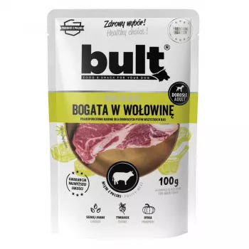 Comida húmida para cães BULT rica em vaca 100 g — refeição completa em lata para cães adultos, 11 % proteína, 6,5 % gordura, 78 % humidade