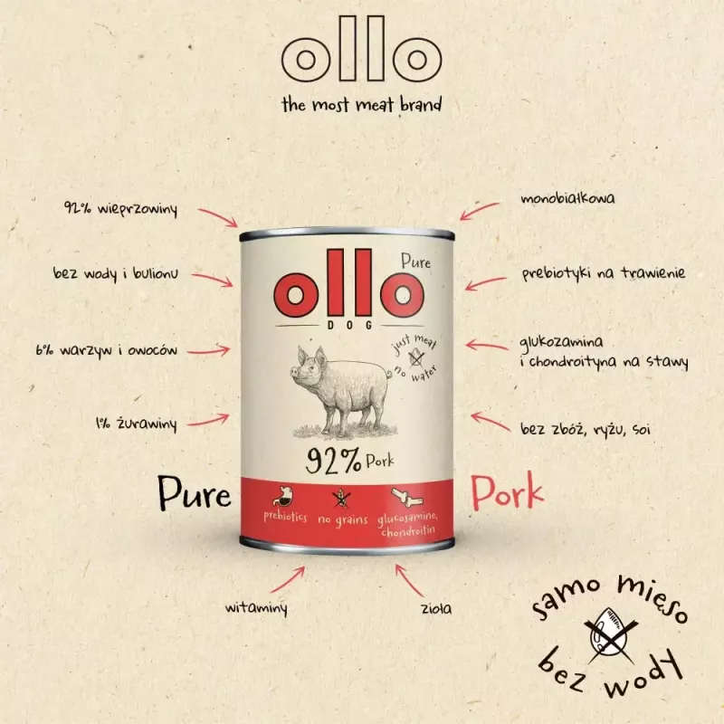 OLLO Pure comida húmida de porco para cães, 850 g