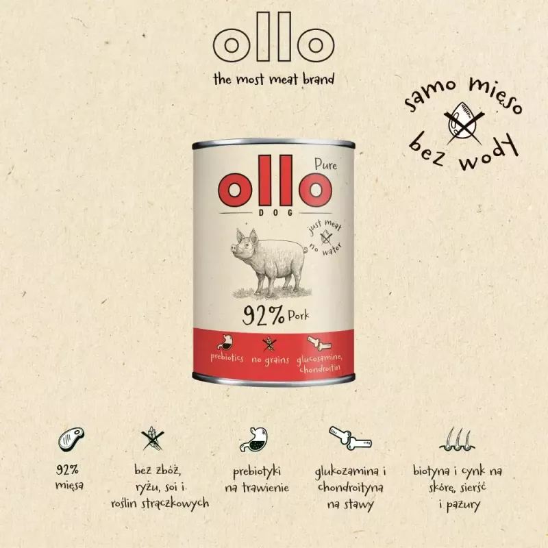 OLLO Pure comida húmida de porco para cães, 850 g