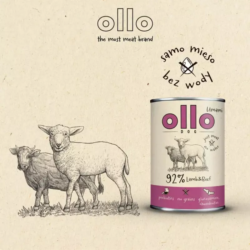 Comida húmida para cães OLLO Umami Borrego e vaca 850 g — adulto, sem cereais, sem glúten e sem soja
