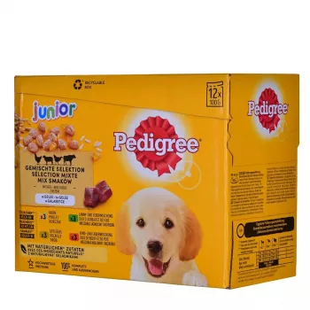 Comida húmida para cães Pedigree Junior Selection Mix 12×100 g — comida húmida para cachorros, 12 sacos (100 g), humidade 80,5%, proteína 8,5%, gordura 6%