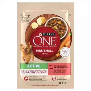 Ração húmida para cães Purina Nestlé One Mini/Small Active Beef 85 g — ração húmida para raças pequenas adultas, 76,4 % humidade, 12,5 % proteína
